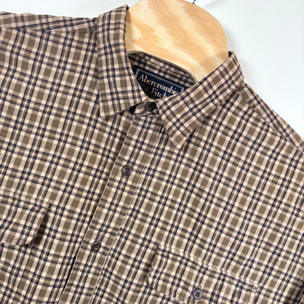 VTG Abercrombie & Fitch L/S Button Up Work Shirt Men L Brown Plaid Y2K Grunge